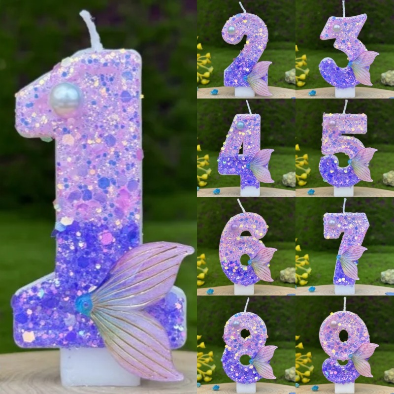 Holiday Candle Set - Glitter paarse gradient zeemeerminstaart cijferkaarsen 0-9,