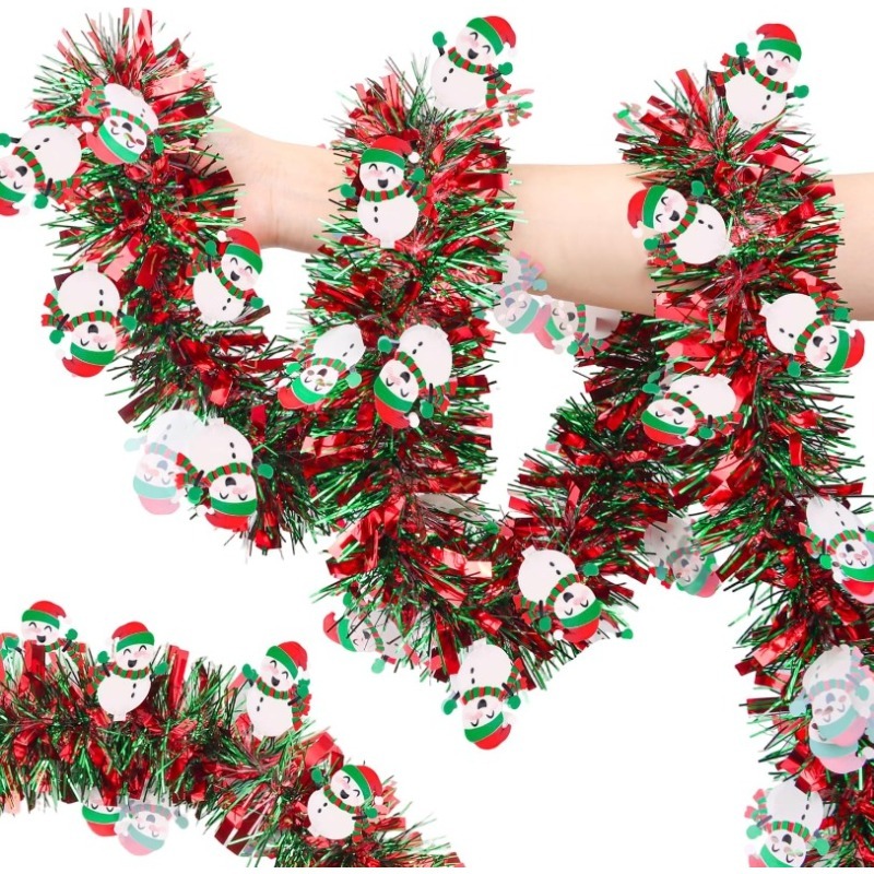 Tinsel Garland Decoration - 2M roodgroene kerstglinstergordel met sneeuwpopversieringen, metalen